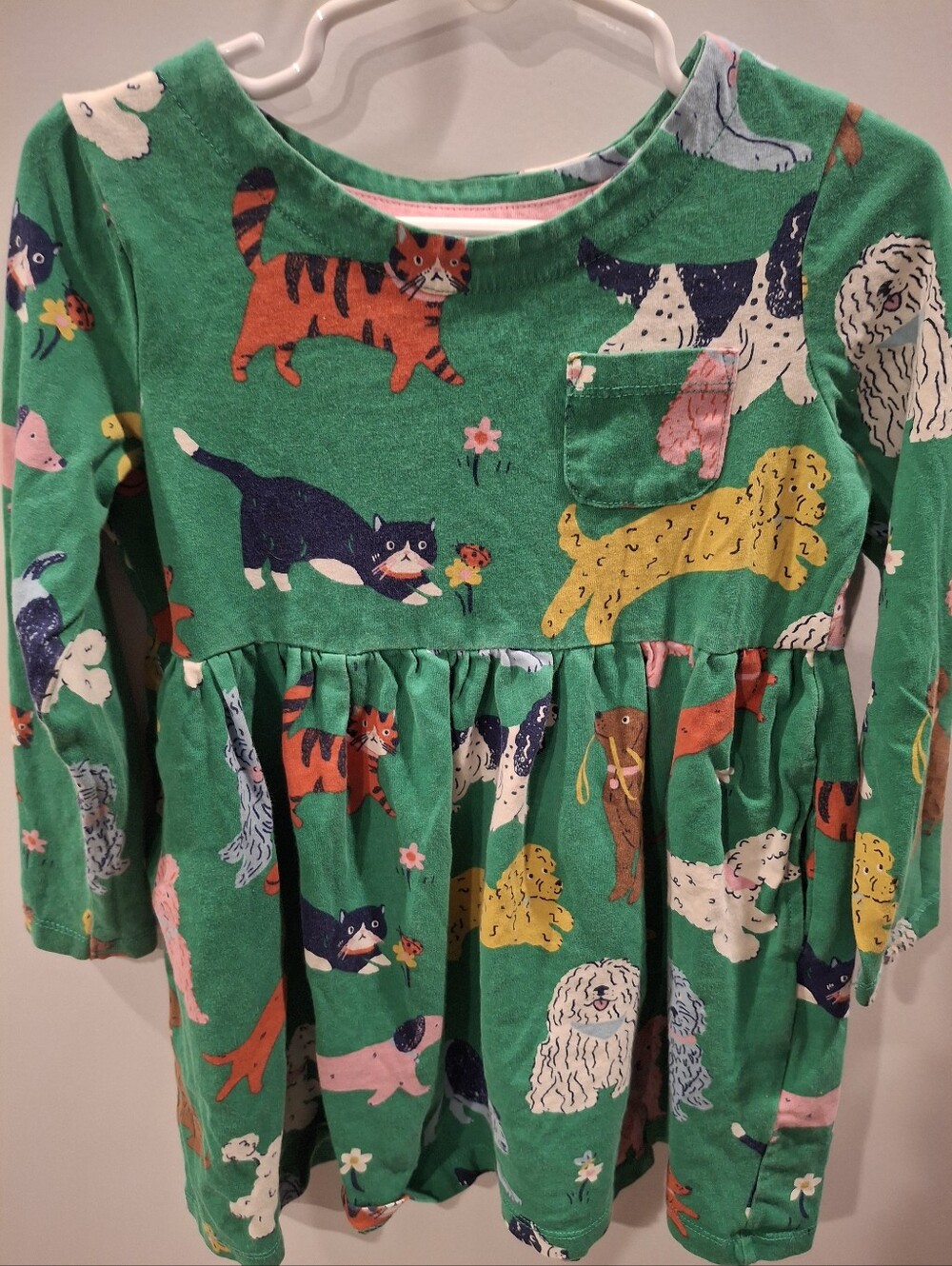 Mini Boden Green Long-Sleeve Dress with Colorful Dog & Cat Prints
